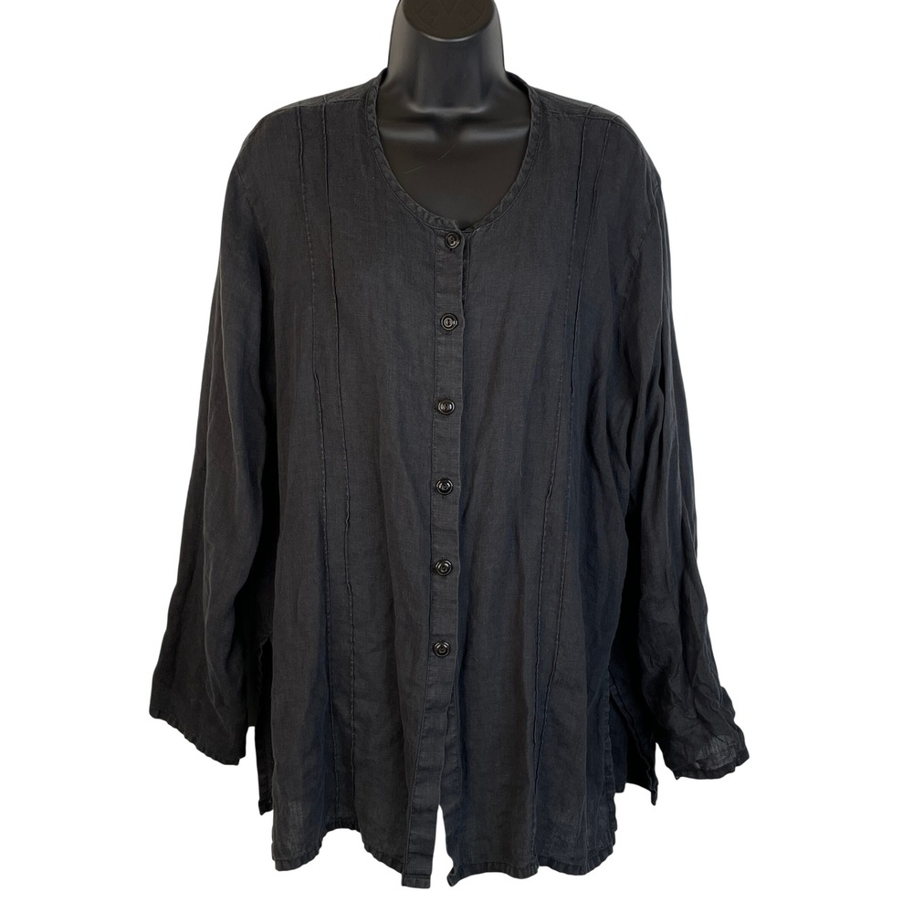 FLAX by Jeanne Engelhart Black 100% Linen Pintuck Button Down Tunic Top Medium